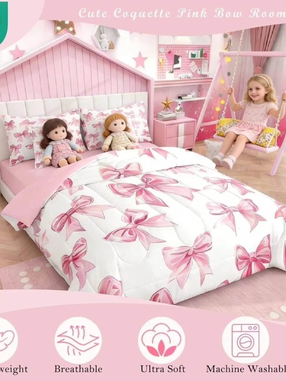 Kawaii Bowknot Girls Bed in A Bag with Sheets Dreamy Princess Style Twin Comfort